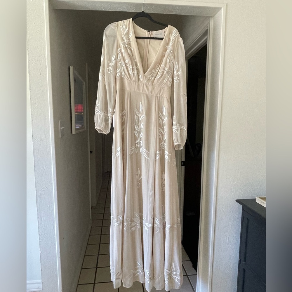 BHLDN Belize Embroidered A-Line Long-Sleeve  V-Neck Cream Dress